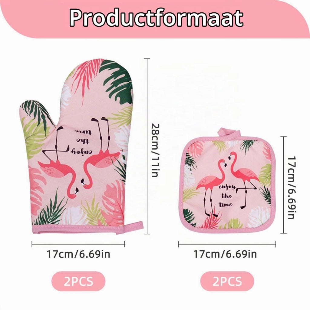 Presine e guanti da forno a forma di fenicottero, set da 4 pezzi, rosa