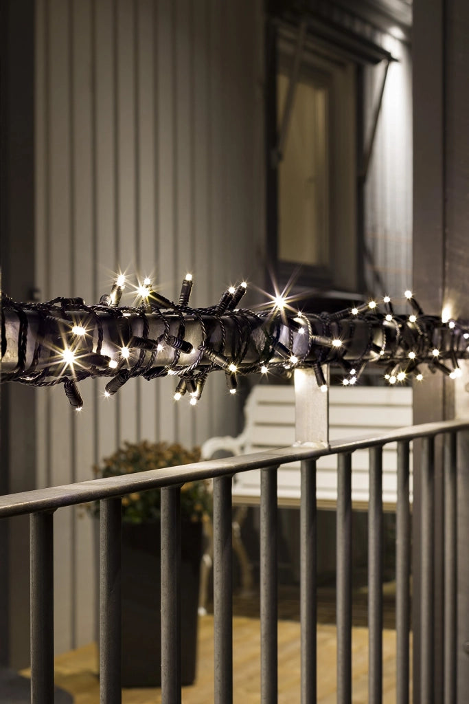 Catena luminosa a LED, 120 diodi bianco caldo, grado di protezione IP67, 24V, colore nero, timer a 9 ore