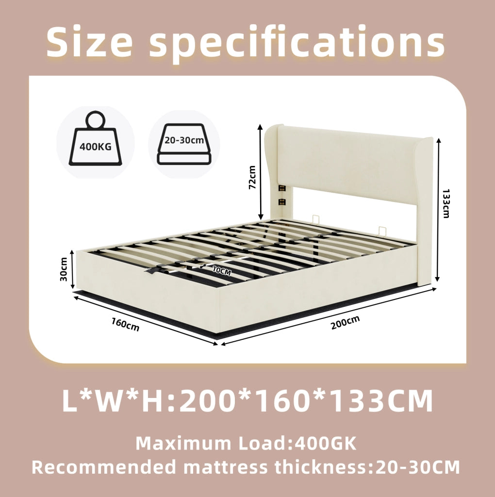 Letto Imbottito Moderno 160x200 cm Beige con Contenitore e Meccanismo a Gas, Testata Morbida e Design Minimalista