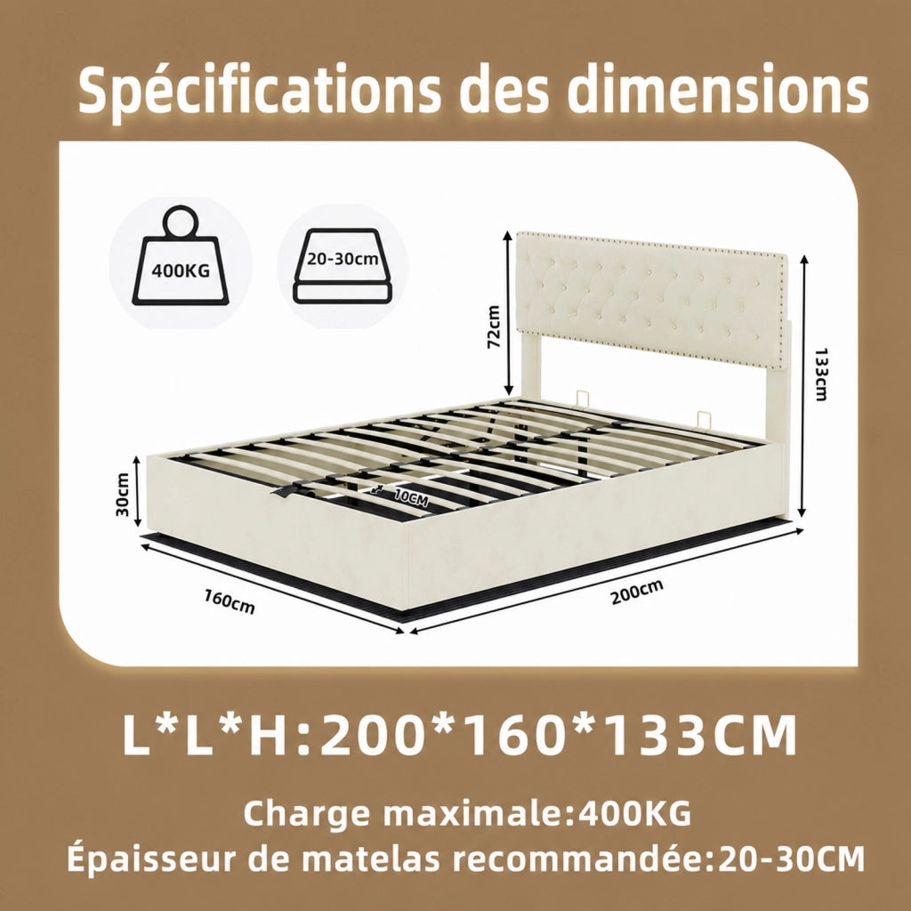 Letto matrimoniale 160x200 cm con testiera alta in tessuto e metallo; beige