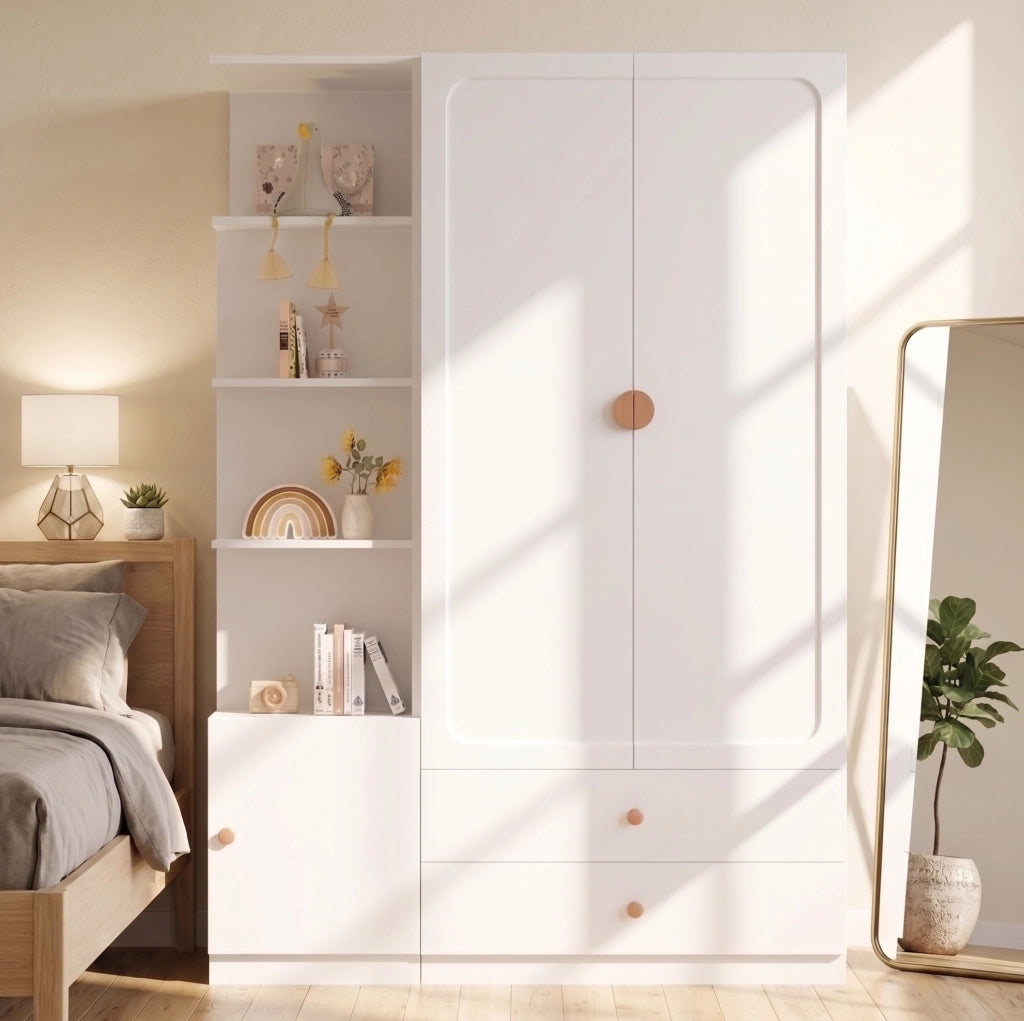 Armadio guardaroba 135x45x200 cm con 2 cassetti e 2 appendiabiti in MDF; bianco