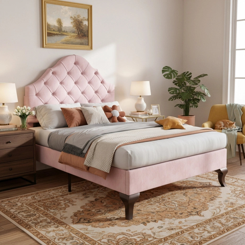 Letto singolo imbottito 90 × 200 cm con rete a doghe testiera regolabile in velluto rosa