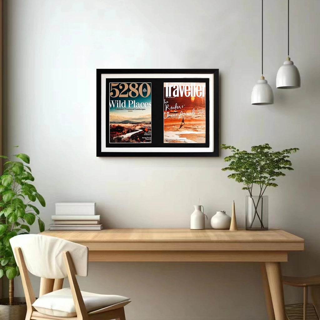 Cornice doppia per riviste in legno nero, espositori per libri, cornice per riviste sportive per riviste 8,5 x 11,25 pollici o fumetti 8 x 12 pollici, cornice per foto 14,8 x 20,7 pollici, con passepartout nero/bianco