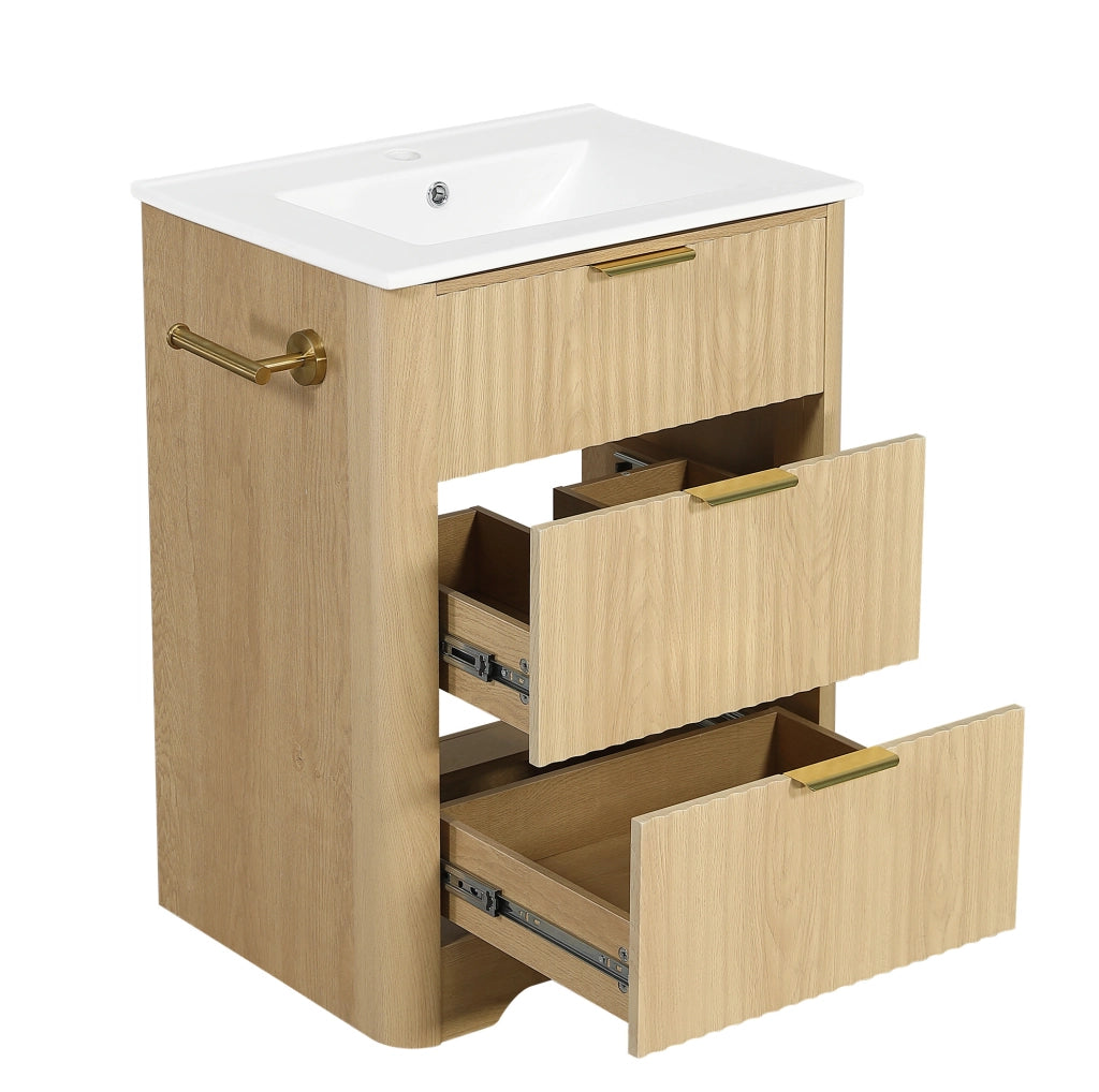 Mobile bagno 61 cm con lavabo in ceramica, cassetti e portarotolo montabile su entrambi i lati, finitura effetto legno e maniglie dorate, senza rubinetto