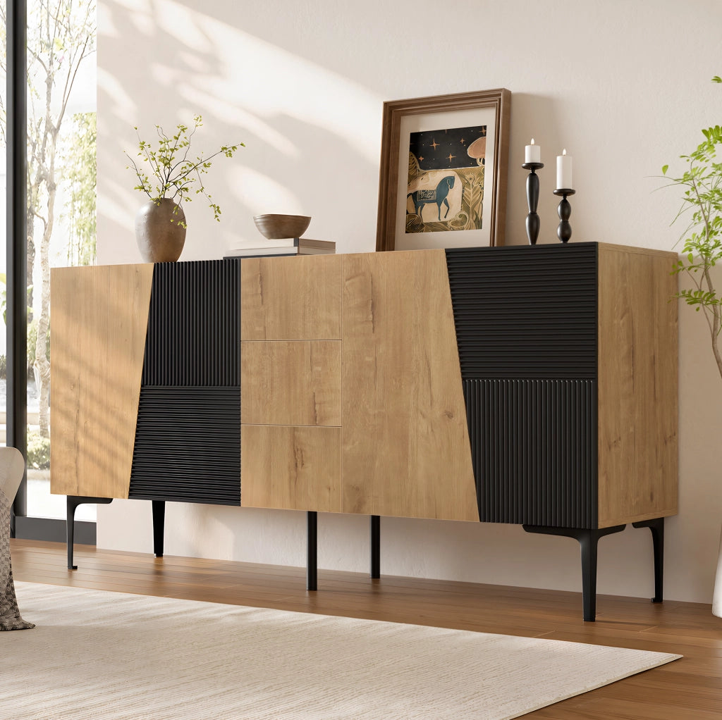 Credenza con 4 ante e 3 cassetti, effetto legno naturale e nero
