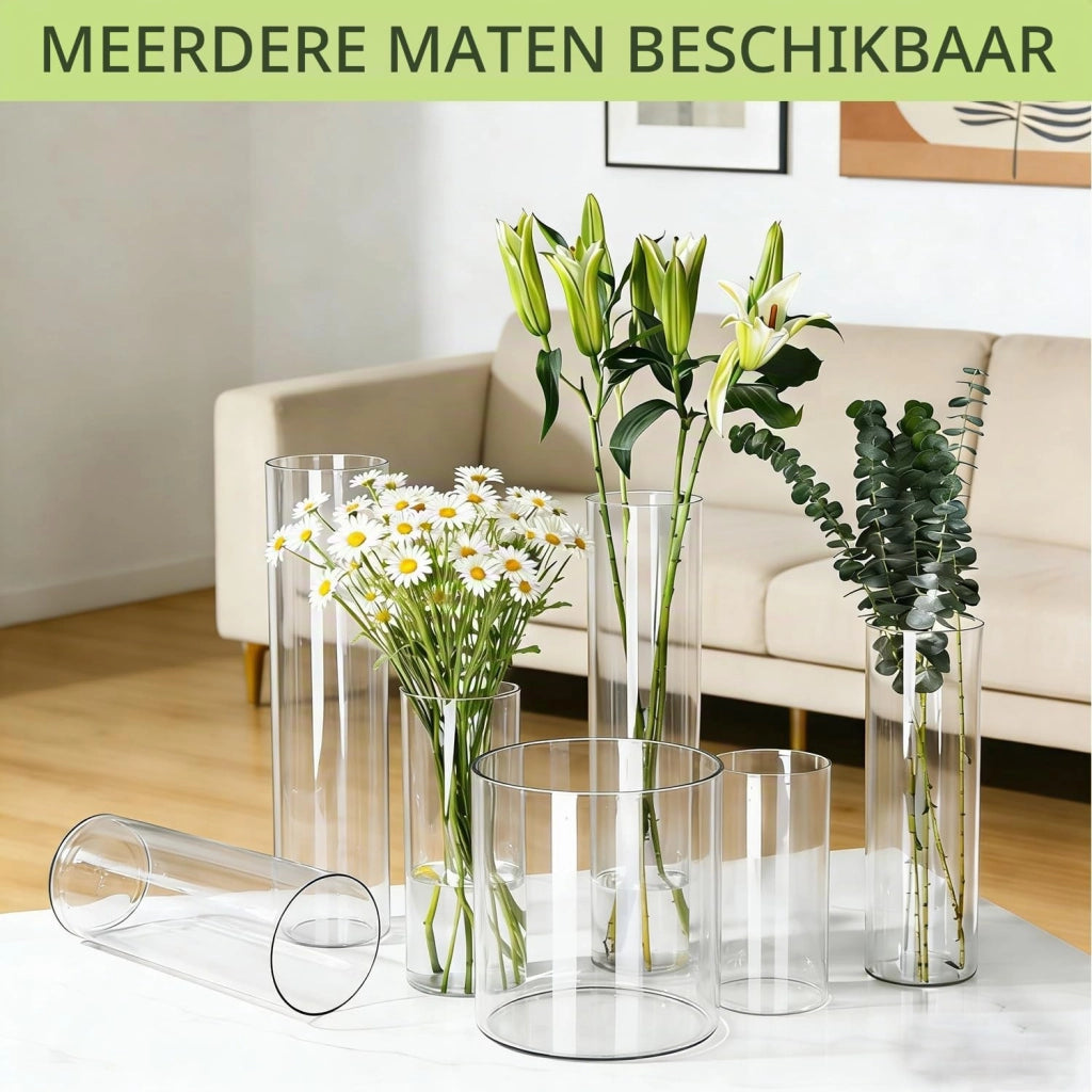 Set di 3 vasi rotondi in acrilico trasparente, dimensioni: 10x20 cm, 12x25 cm e 15x25 cm