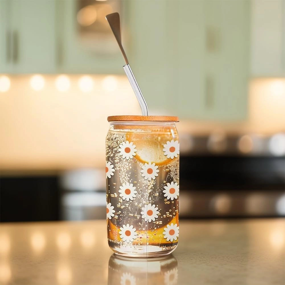 Bicchiere con coperchio e cannucce, capacità 500 ml, in vetro borosilicato