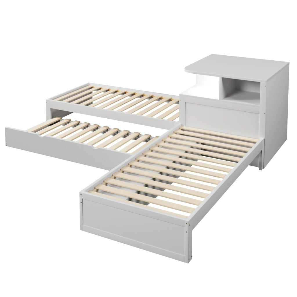 Letto singolo a piattaforma 90 × 200 cm con letto estraibile in MDF e legno bianco con luce LED e ante scorrevoli