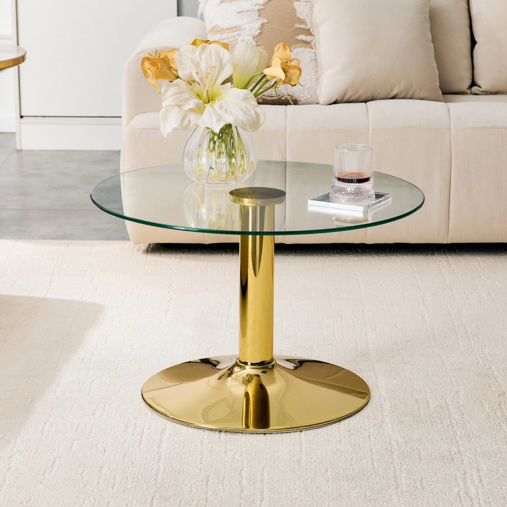 Tavolino da salotto rotondo diametro 70 cm altezza 45 cm in vetro temperato e metallo oro con base stabile moderno