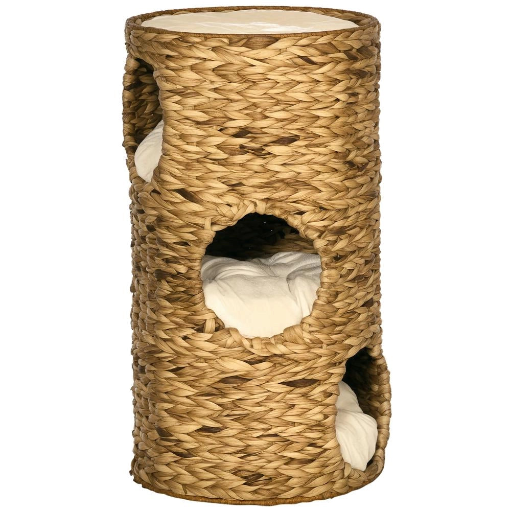 Torre Tiragraffi per Gatti a 3 Livelli Cuccia con Cuscini Stile Boho 40 cm x 40 cm x 73 cm Marrone Chiaro e Bianco Crema