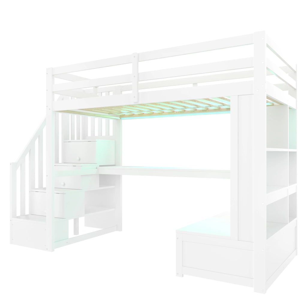 Letto a soppalco 90x200 con scrivania; scala contenitore e 2 cassetti; in pino e MDF; bianco