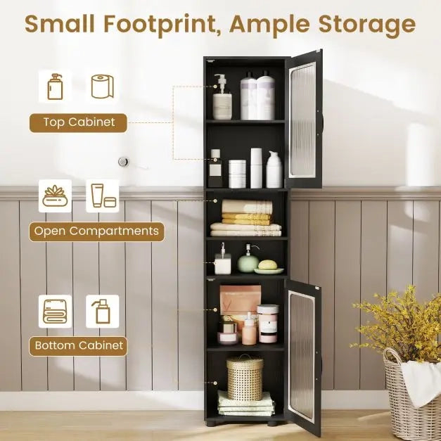 Tall Bathroom Storage Cabinet with Fluted Doors Adjustable Shelf-Dark Black