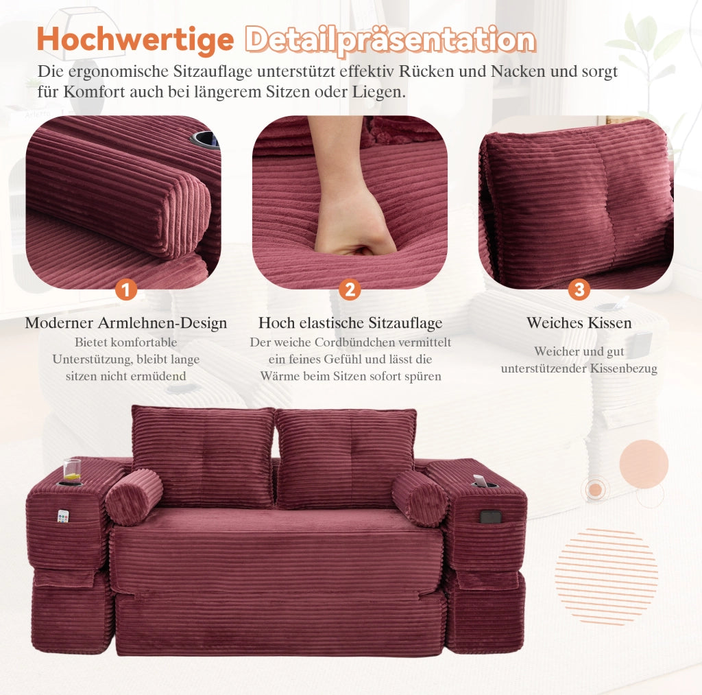Divano letto pieghevole in velluto a coste rosso vino, 180 cm