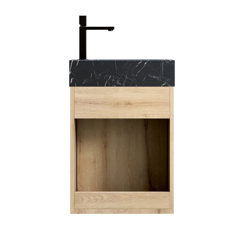 Mobile bagno con lavandino in marmo nero 40 cm, mobile in multistrato con porta in legno di rovere bianco effetto venatura