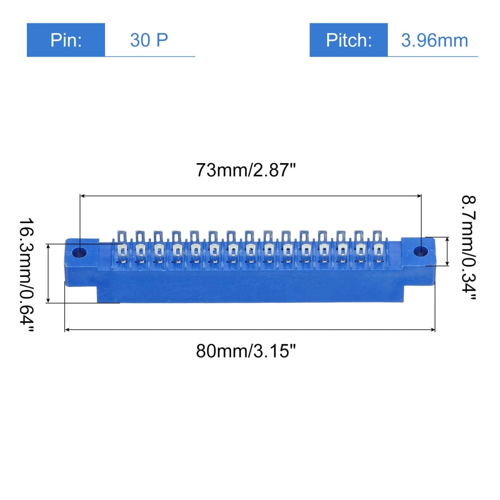 Connettore per schede, 30 pin, blu, passo di 3,96 mm, con fori per saldatura
