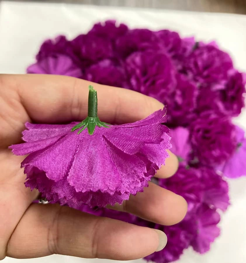 Fiori artificiali di garofano, 50 pezzi, 5 cm, con stelo, color viola-rosso