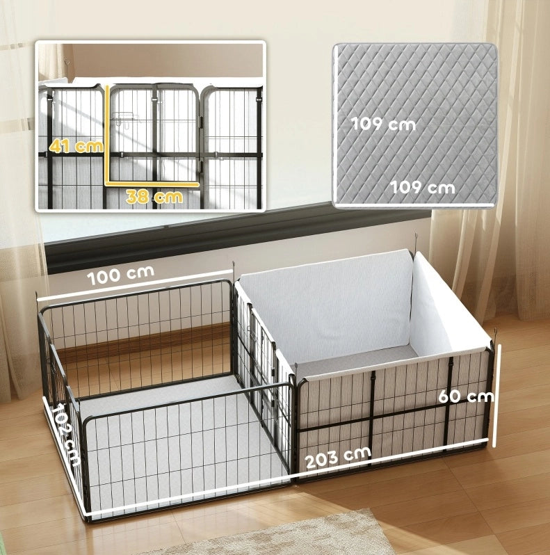Cassa parto per cani con recinto modulare 203 × 102 × 60 cm, nera