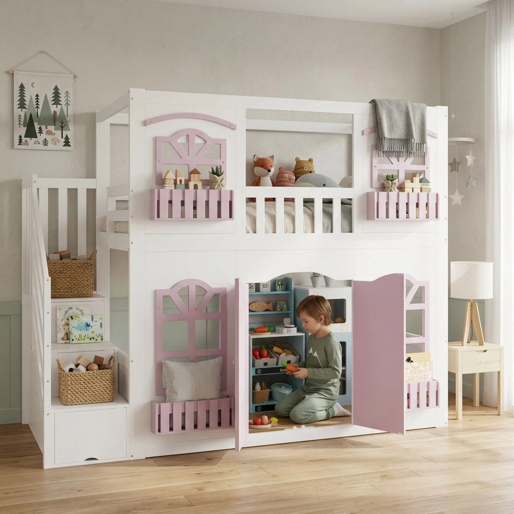 Letto a soppalco per bambini 90 x 200 cm in legno; bianco e rosa; scala contenitore e area giochi