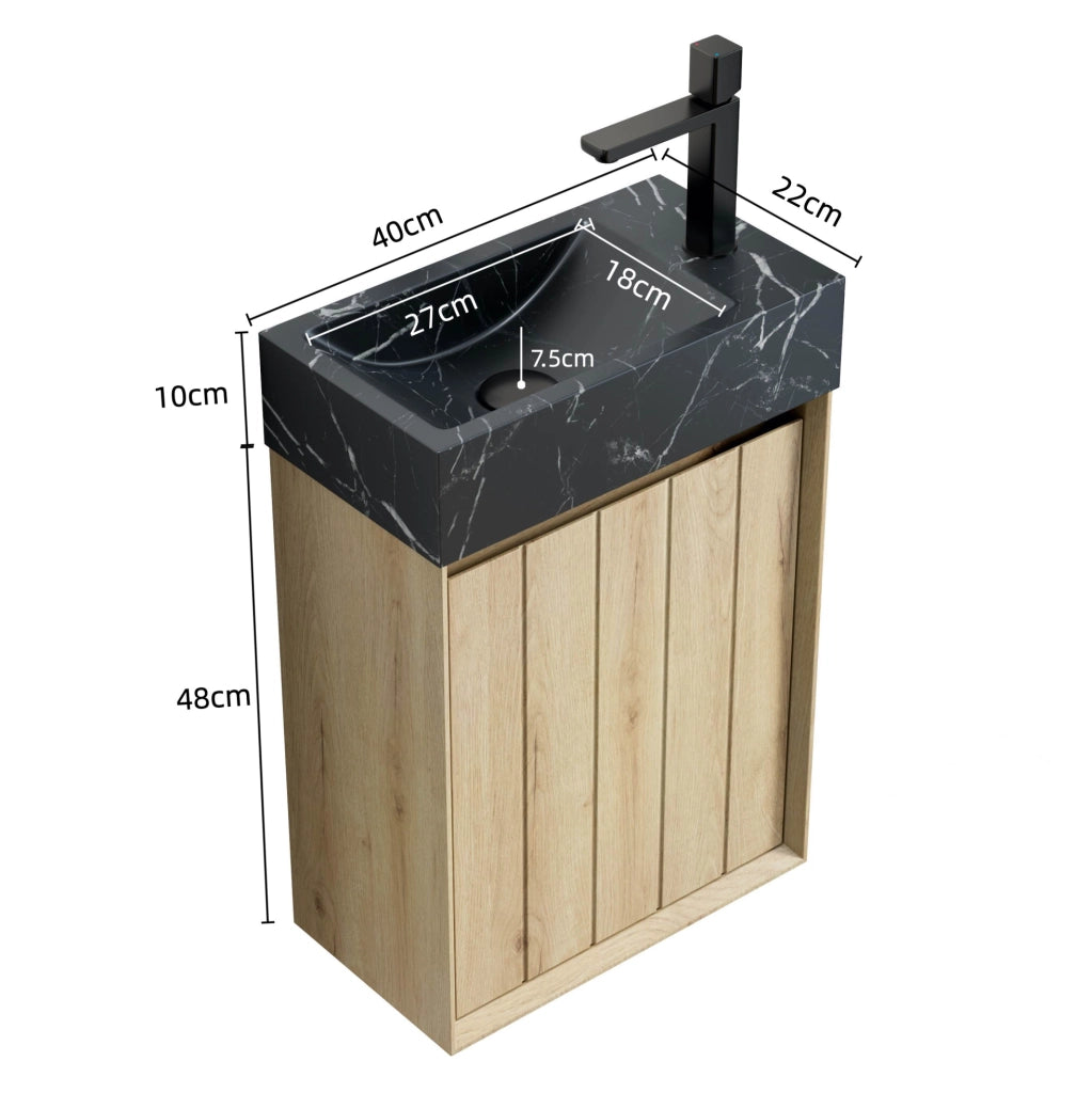 Mobile bagno con lavandino in marmo nero 40 cm, mobile in multistrato con porta in legno di rovere bianco effetto venatura