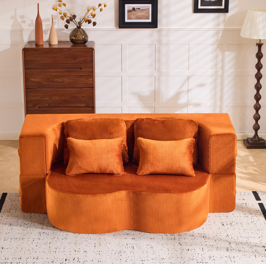 Divano letto da pavimento pieghevole in peluche arancione con schiuma e 4 cuscini
