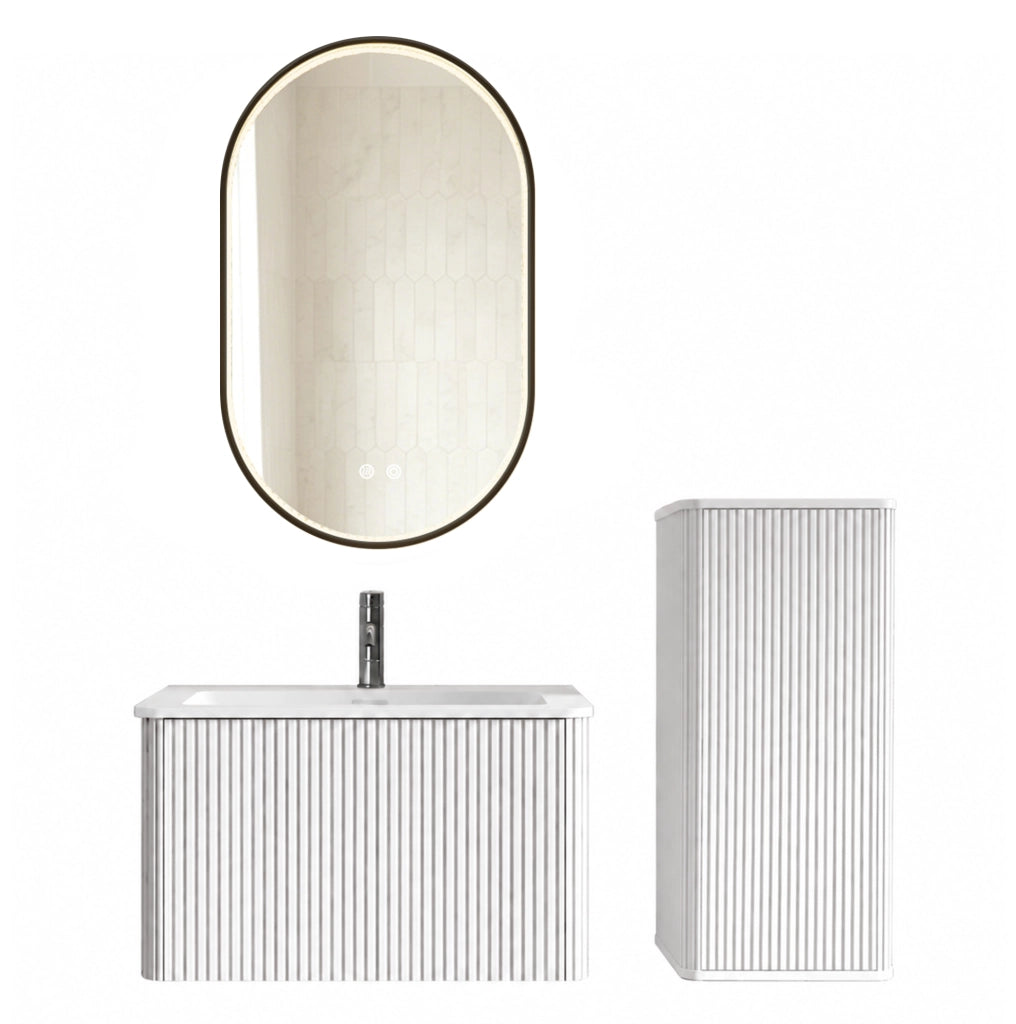 Set mobili bagno sospesi con lavabo in pietra acrilica, mobile laterale e specchio LED regolabile, 80 cm, bianco opaco