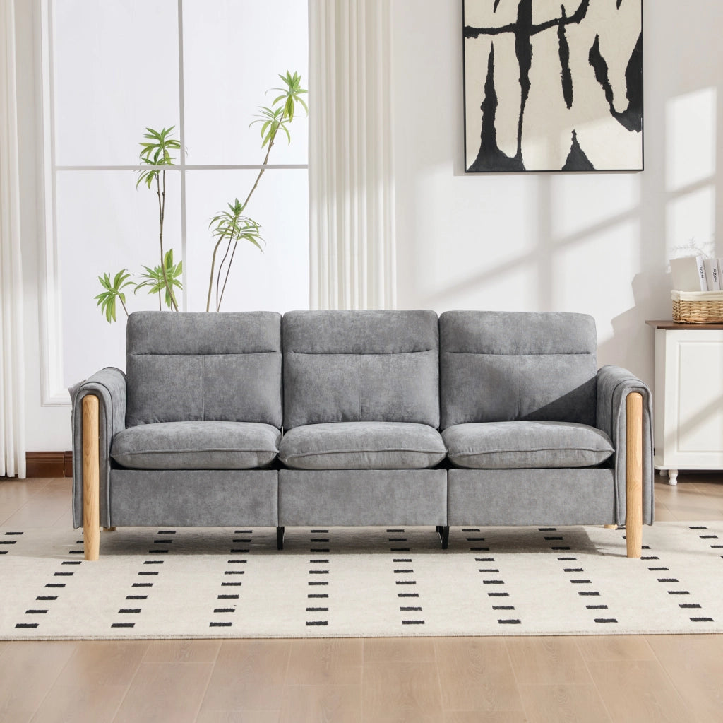 Divano 3 posti a L in ciniglia grigio chiaro con pouf contenitore