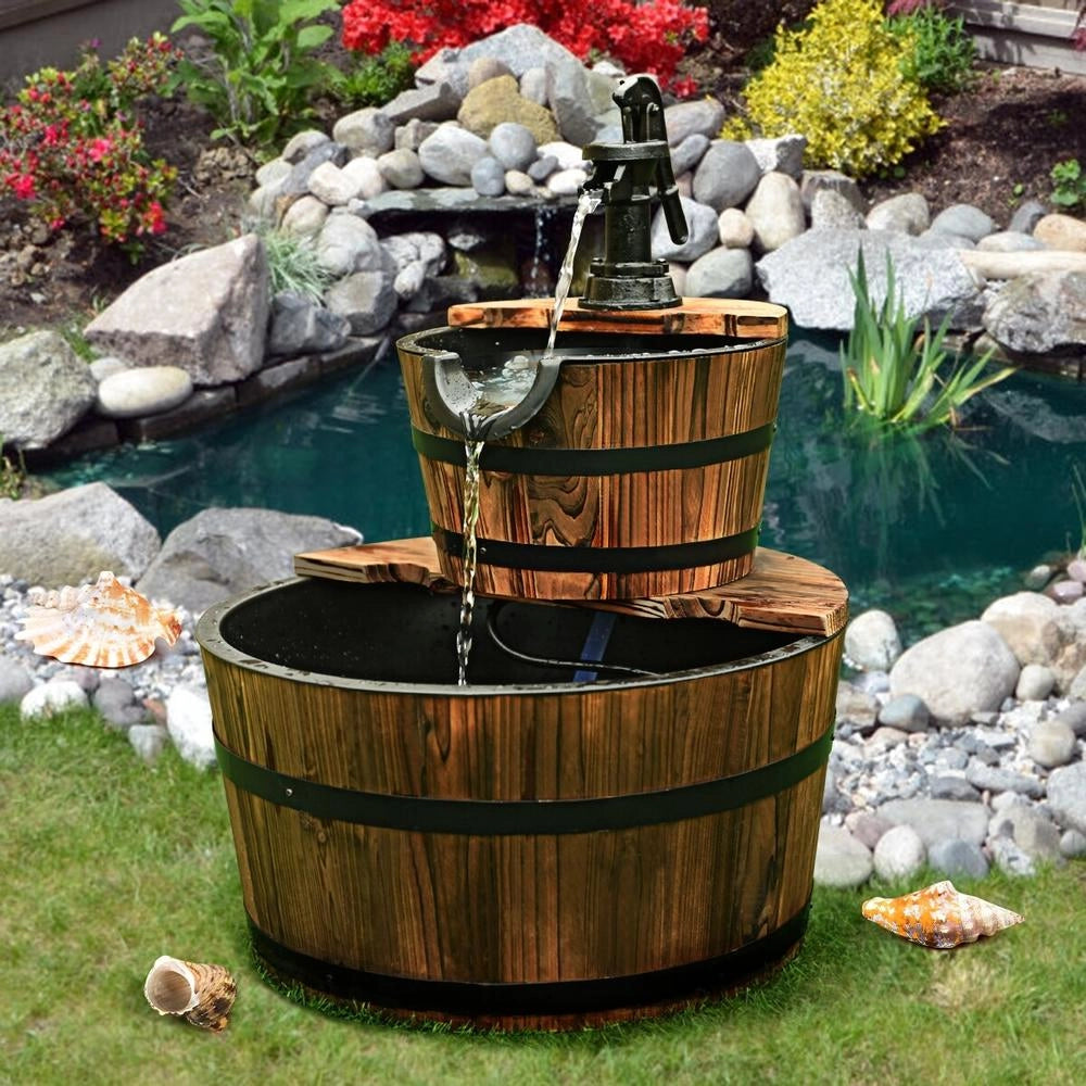 Fontana da giardino a cascata con pompa regolabile in abete carbonizzato e ferro verniciato a polvere, resistente e facile da montare per uso esterno