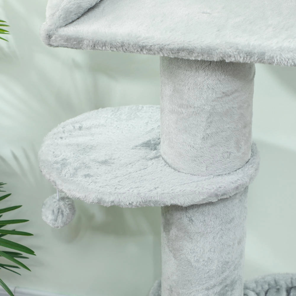 Albero tiragraffi per gatti multilivello in sisal e peluche con cuccia e pallina grigio chiaro robusto per casa
