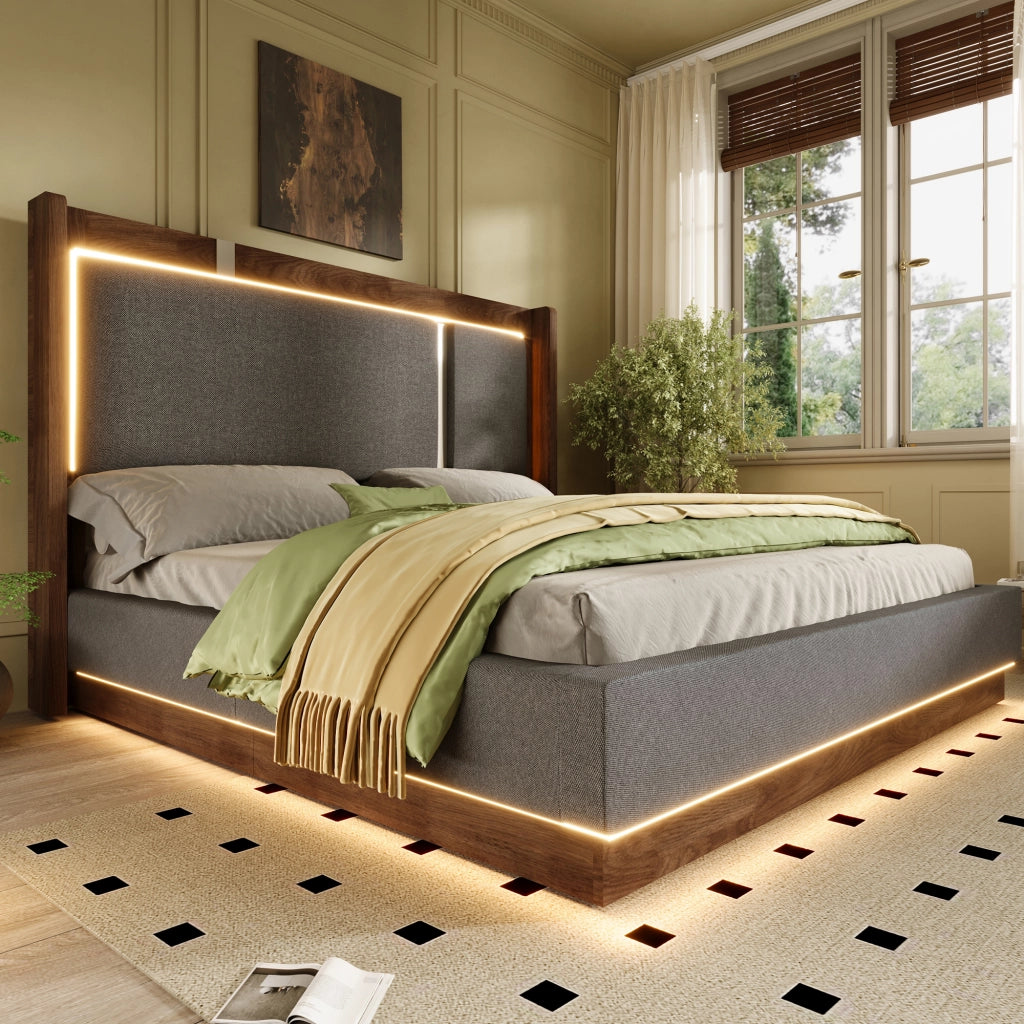 Letto con contenitore 180 ¡Á 200 cm con LED e rete a doghe in legno e metallo rivestito in lino beige e noce
