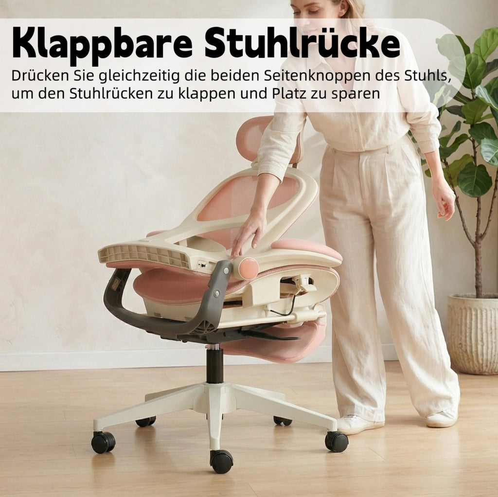 Sedia da ufficio pieghevole rosa in rete con poggiatesta regolabile
