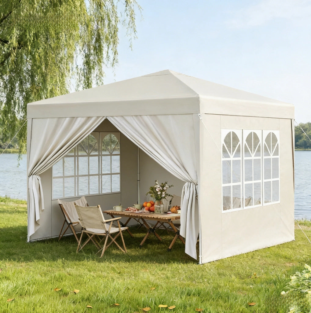 GAZEBO Pieghevole 3 x 3 m Altezza regolabile Beige con pareti laterali