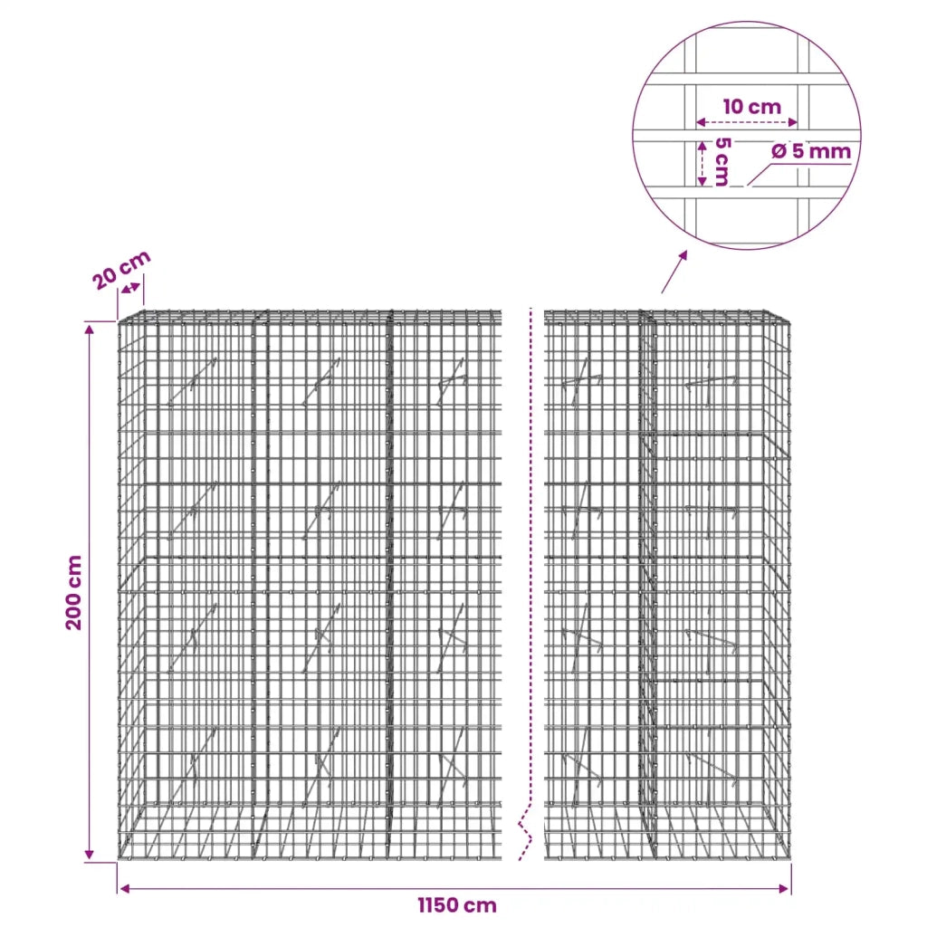 Gabione con Filo da 5 mm e Rete da 5x10 cm 1150x20x200 cm 3464609