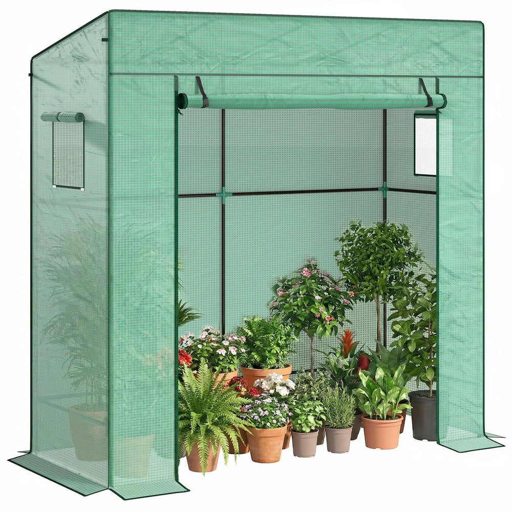 Serra da giardino da parete addossata con telo in PE rinforzato, porta avvolgibile e 2 finestre, 196x77x197/178 cm