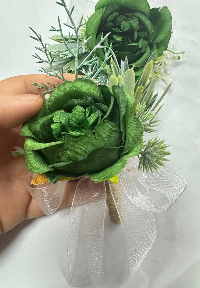 Set di corsage e boutonniere, 2 pezzi, rose di seta verdi, realizzati a mano