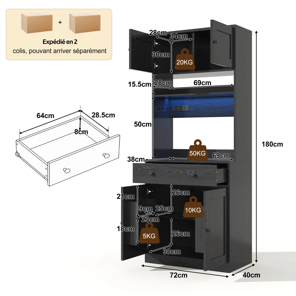 Mobile da cucina 72 × 40 × 180 cm con LED RGB prese AC e USB cassetto grande ripiani MDF nero fissaggio a parete