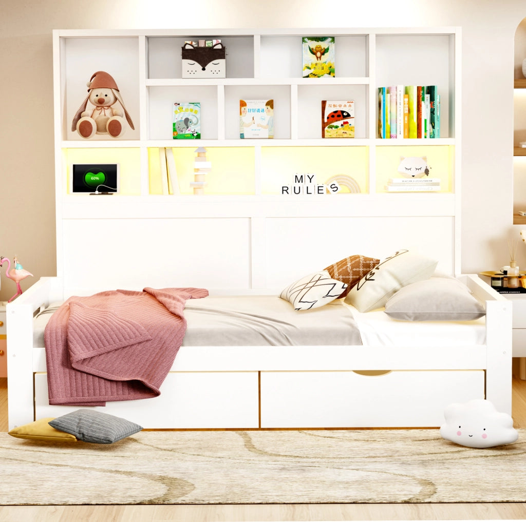 Letto divano 90 x 200 cm bianco con cassetti, LED e prese
