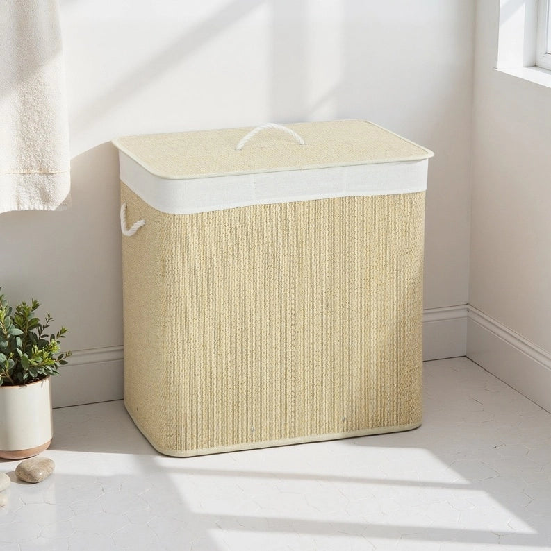 Cesto portabiancheria in bambù color crema da 144 l con coperchio
