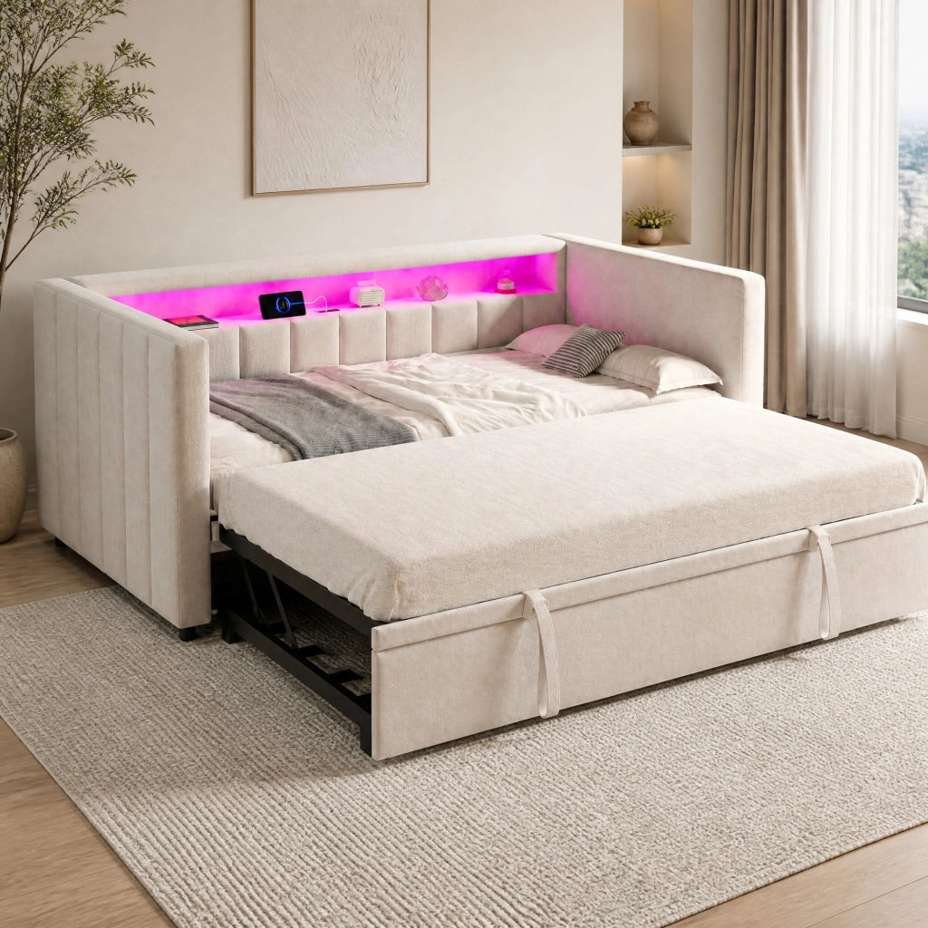 Letto estraibile 90 × 190 cm con LED; USB Type-C e vano portaoggetti; velluto beige