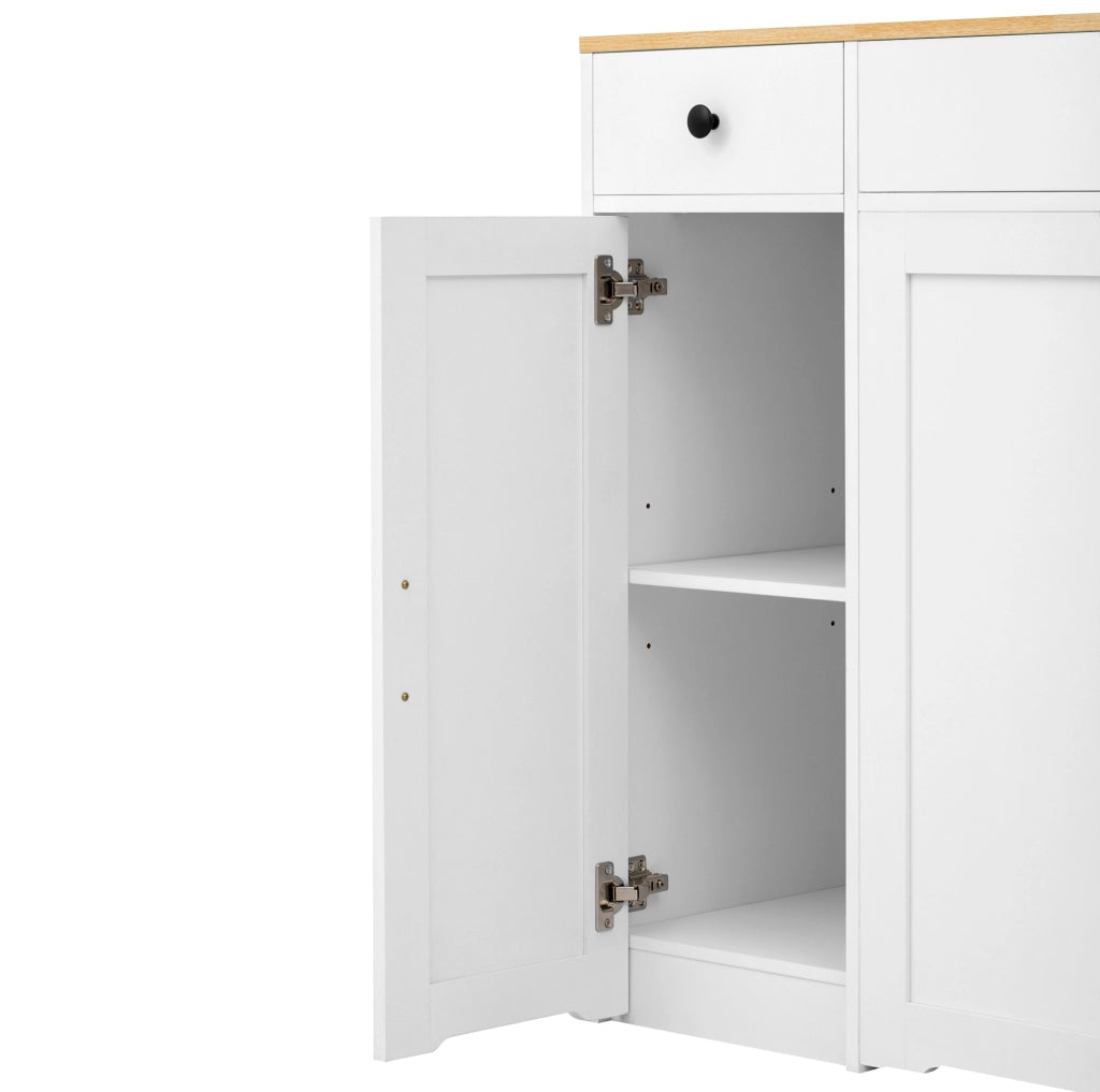 Credenza bianca e color legno con 3 cassetti e 2 ante, 136 × 65 × 90 cm