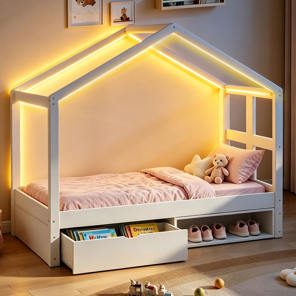 Letto singolo a casetta 90 × 190 cm con cassetti scarpiera LED multicolore in legno bianco con rete a doghe