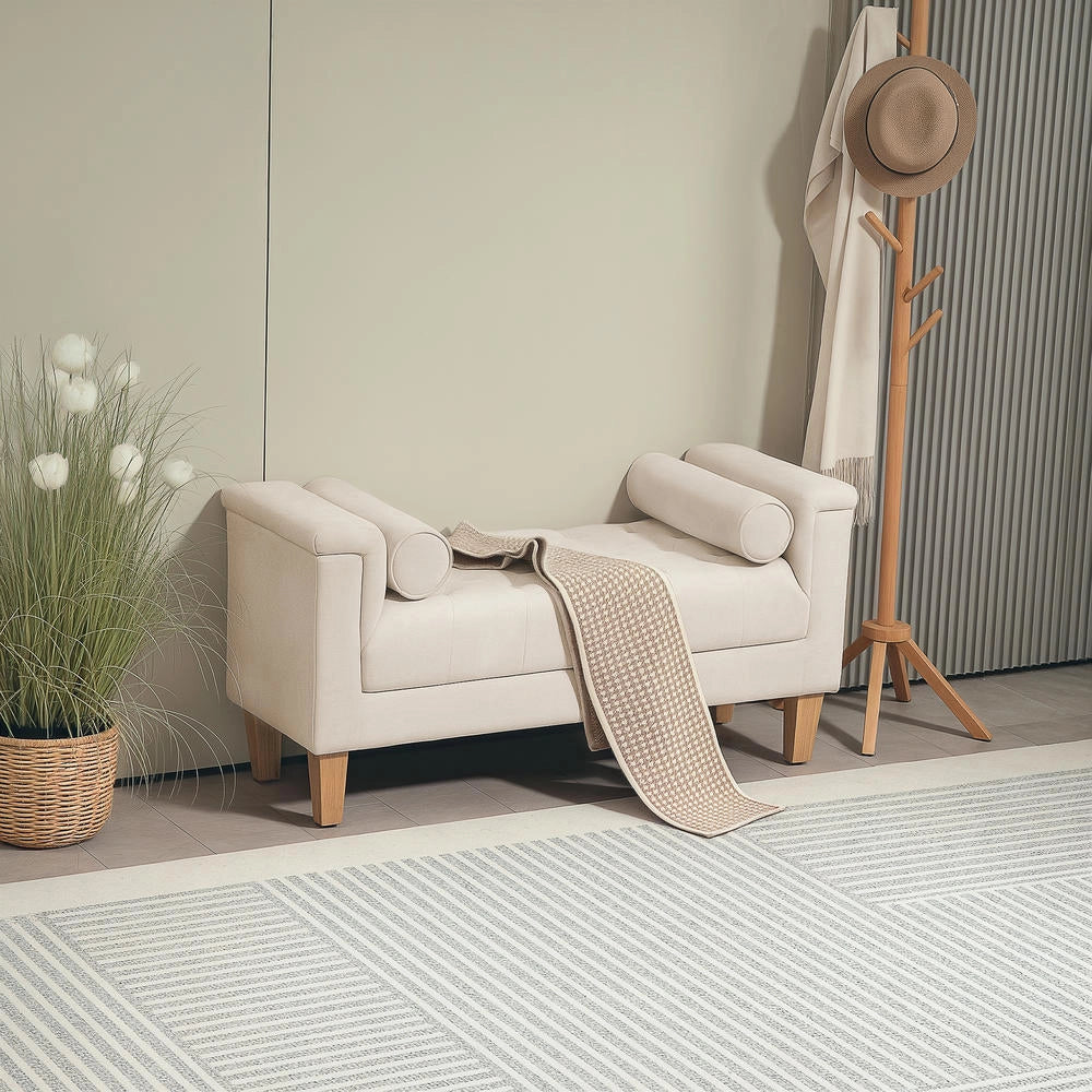 Panca Imbottita Vintage in Ciniglia Beige con 2 Cuscini e Braccioli per Ingresso e Camera da Letto 115 x 44 x 58 cm