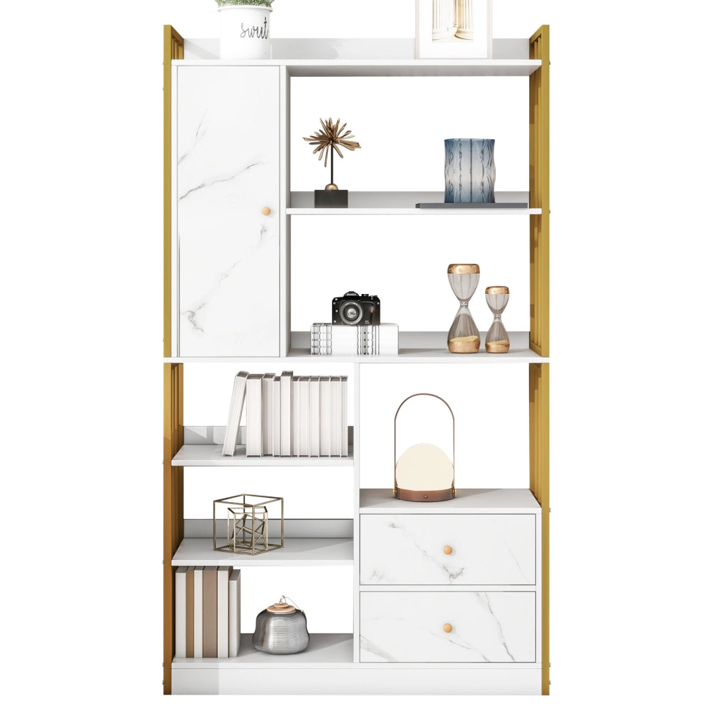 Libreria ULEVR con ripiani aperti, cassetti e vani chiusi, pannello truciolare bianco e oro effetto marmo