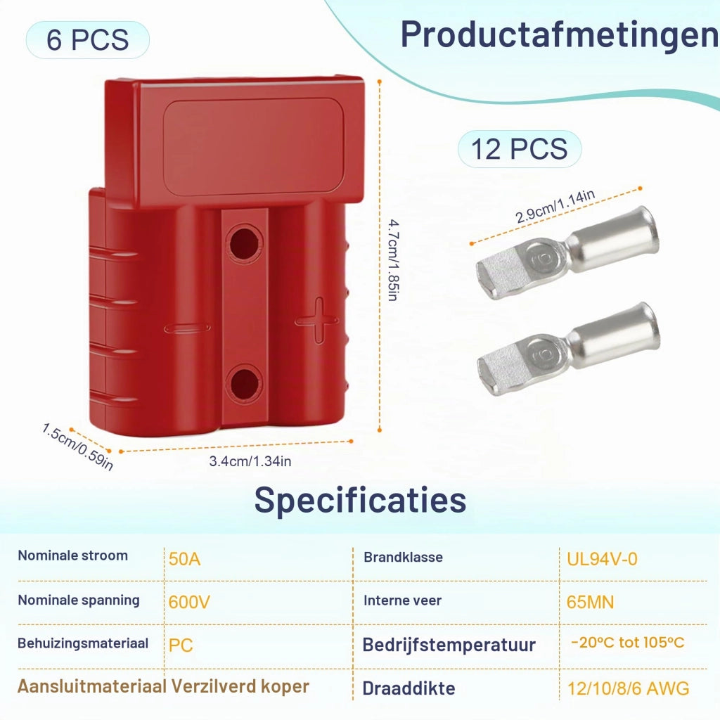 Connettore Anderson-Stecker da 50 A, confezione da 6 pezzi, colore rosso, con 12 morsetti in rame