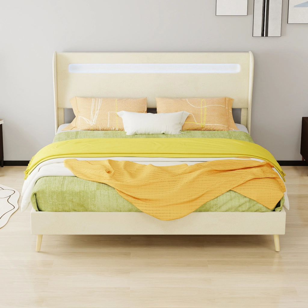 Letto Moderno Imbottito 160x200 cm con Testiera LED Integrata, Beige, Struttura Bassa Senza Contenitore, Materasso Incluso