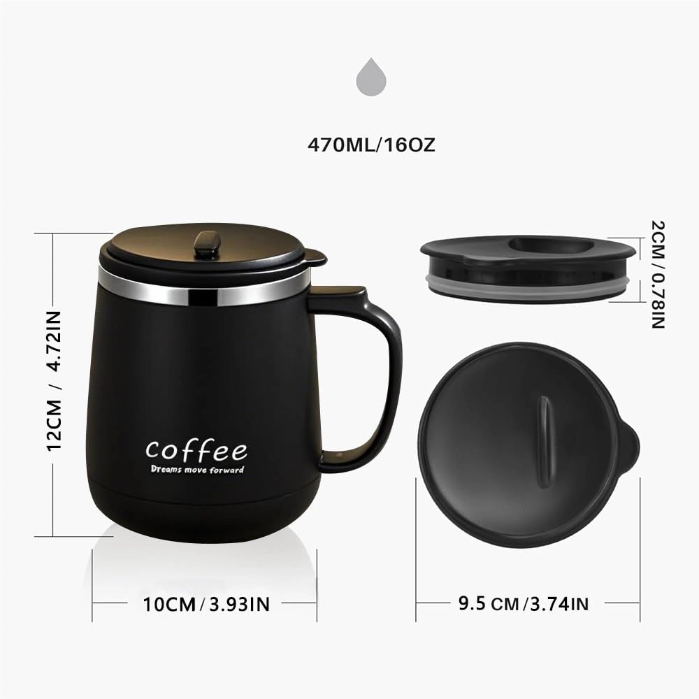 Tazza termica da 350 ml, a doppia parete, in acciaio inossidabile, nera, con manico