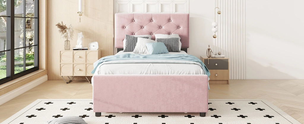 Letto imbottito 90x200 cm con rete a doghe e letto estraibile in velluto rosa
