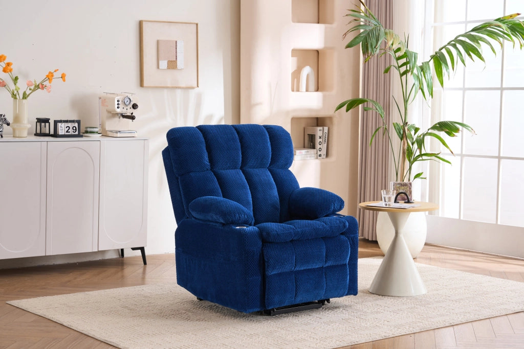 Poltrona elettrica blu con alzata assistita, massaggio e riscaldamento