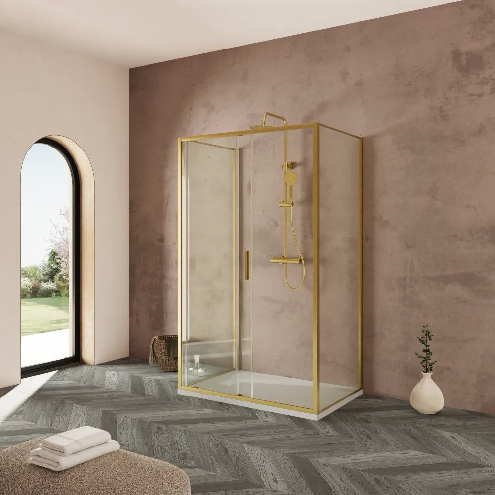 Box doccia tre lati 90x130x90cm con porta scorrevole profili oro spazzolato vetro 6mm trasparente anticalcare h190| Portofino