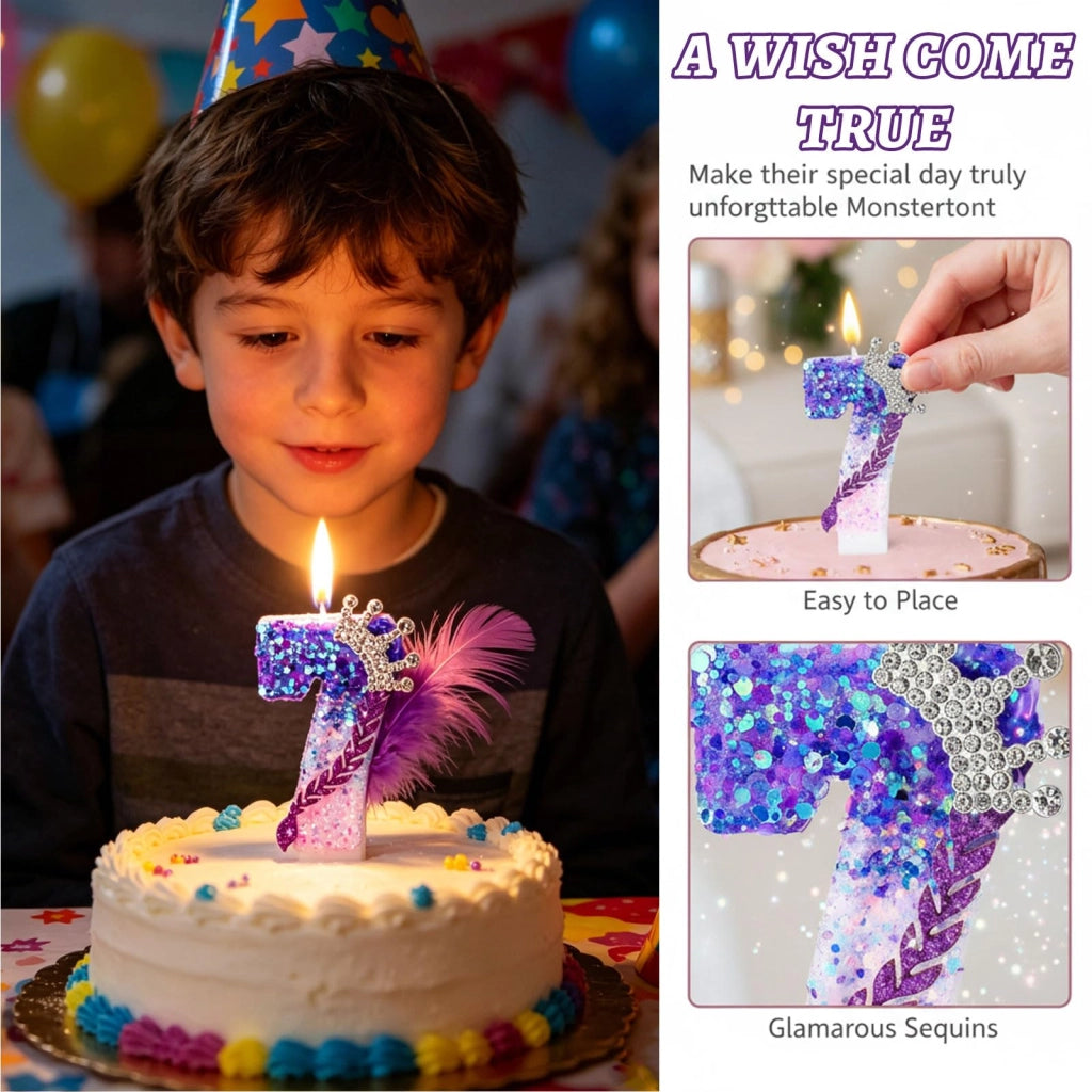 Candela a forma di numero 7, con decorazione lilla e rosa e paillettes, altezza 6 cm, ideale per torte