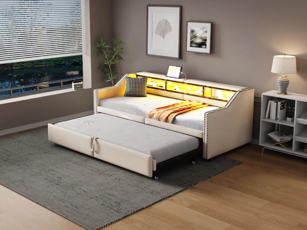 Divano Letto Estraibile 90/180 x 200 cm in Tessuto Beige con Luce LED, Porta USB e Rete a Doghe